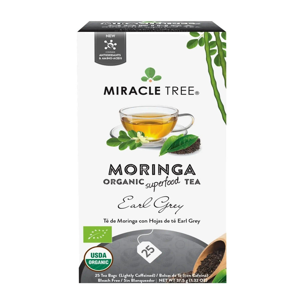 Organic moringa Earl Grey tea box front with USDA organic badge and 25 count icon