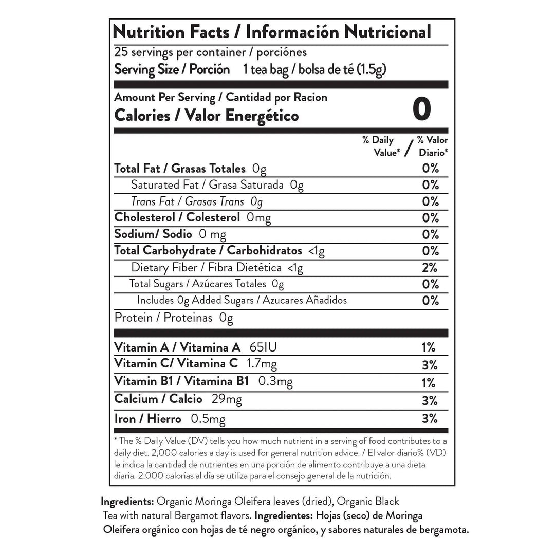 Nutrition Facts panel for lightly caffeinated organic Earl Grey tea, 1 tea bag serving