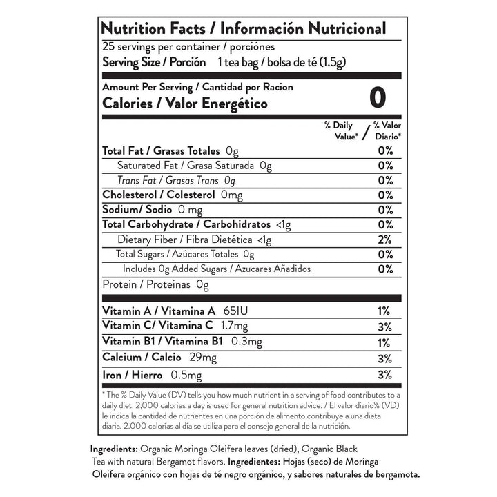 Nutrition Facts panel for lightly caffeinated organic Earl Grey tea, 1 tea bag serving