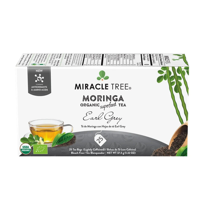Organic moringa Earl Grey tea box with cup graphic and 25 tea bag count icon