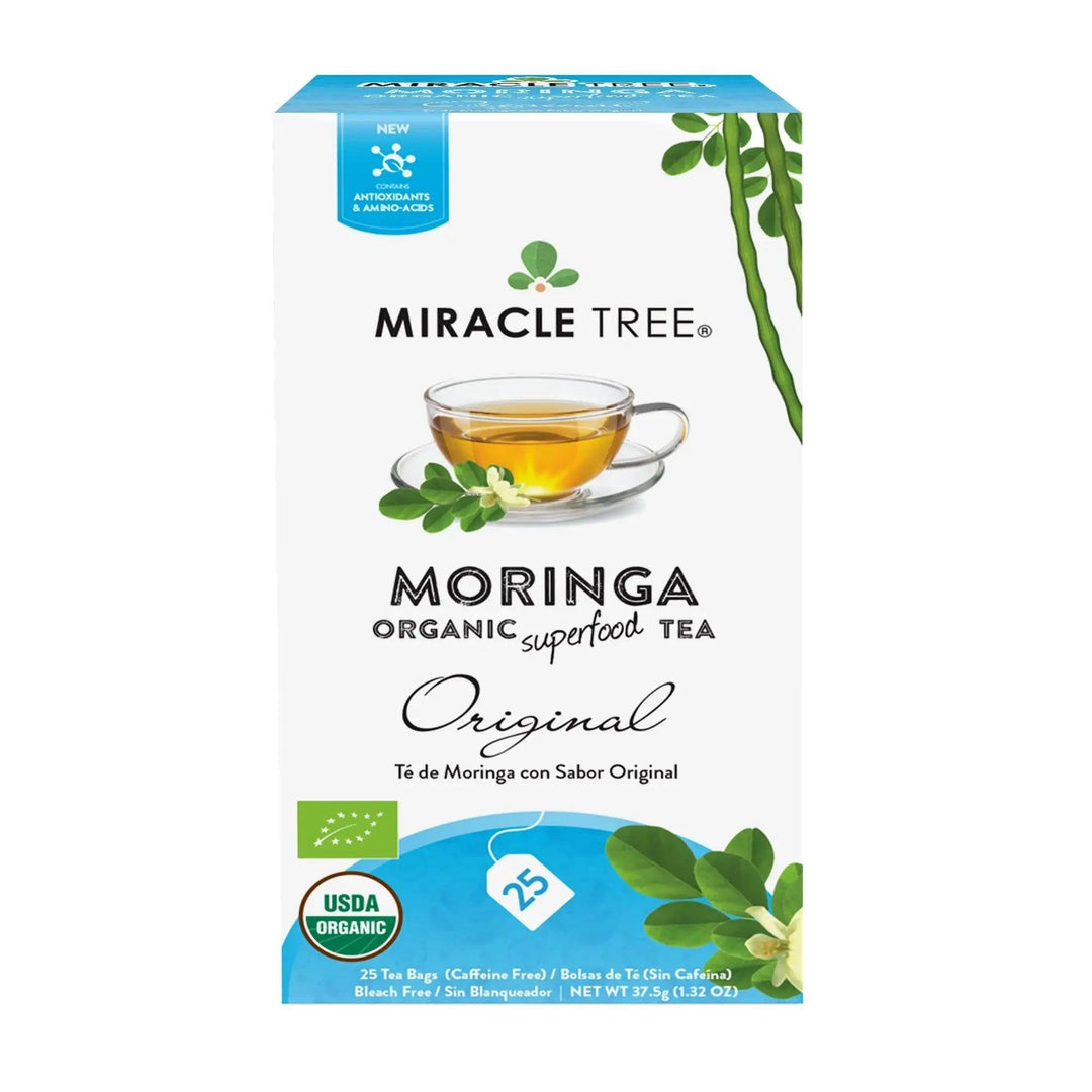 Miracle Tree Moringa Original tea box front with cup and green leaves