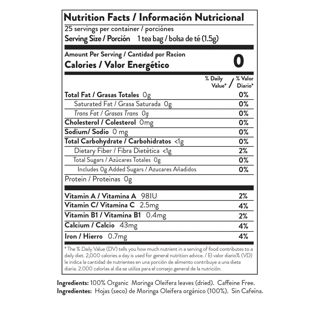 Nutrition facts panel for Miracle Tree Moringa tea with ingredients and servings