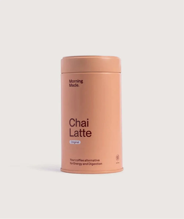 Cylindrical chai latte canister, light tan with rounded lid