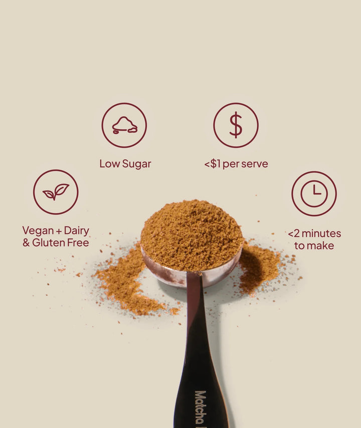 Chai spice powder in scoop with serving spoon and scattered grounds