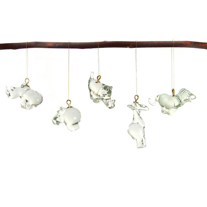 Set of hanging recycled glass animal ornaments on strings, mixed shapes