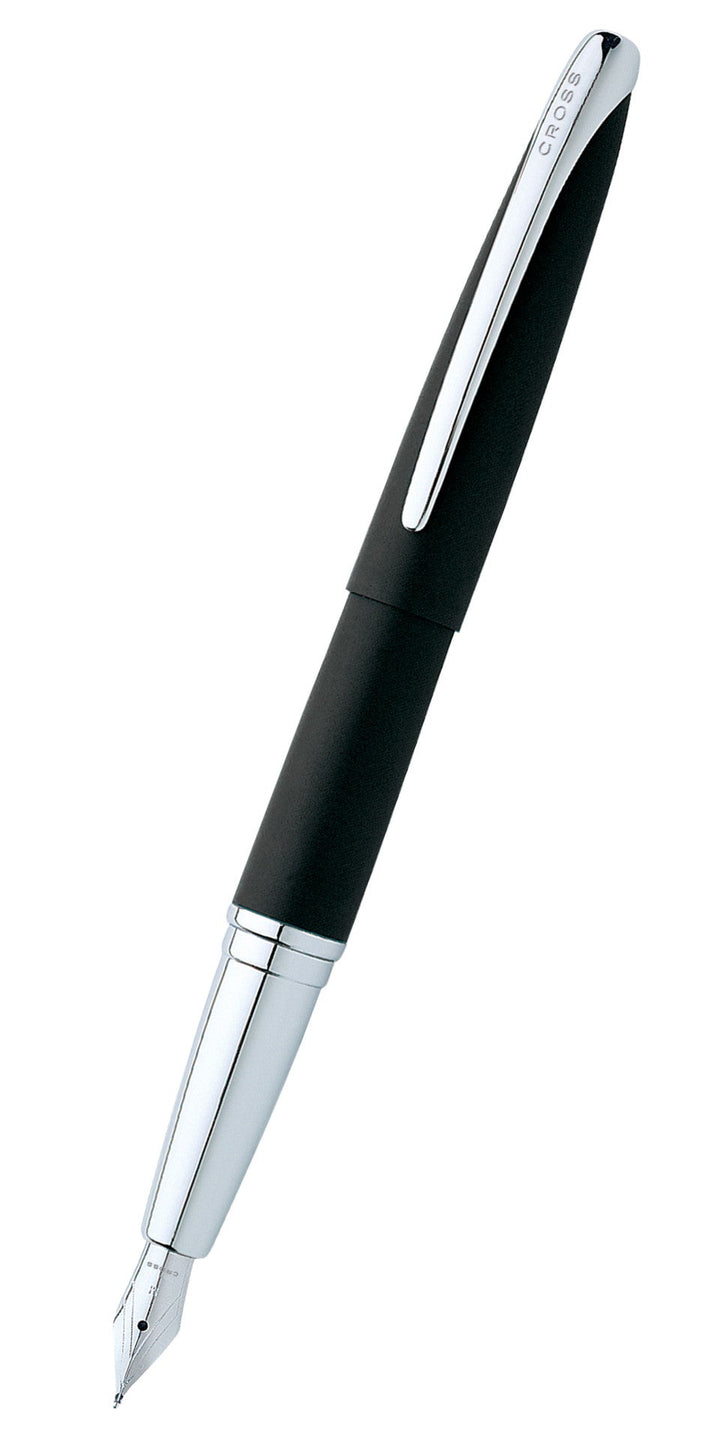 Black fountain pen with stainless steel cap band and side clip