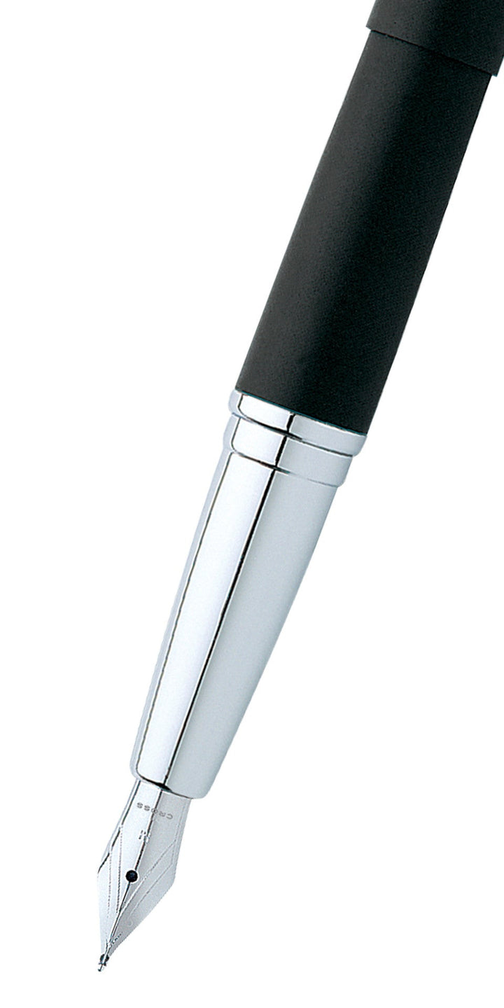 Black fountain pen tip with exposed medium stainless steel nib
