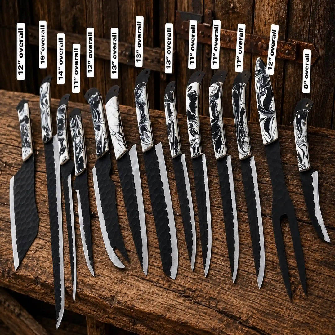13-piece outdoor survival knife set with black resin handles and patterned steel blades