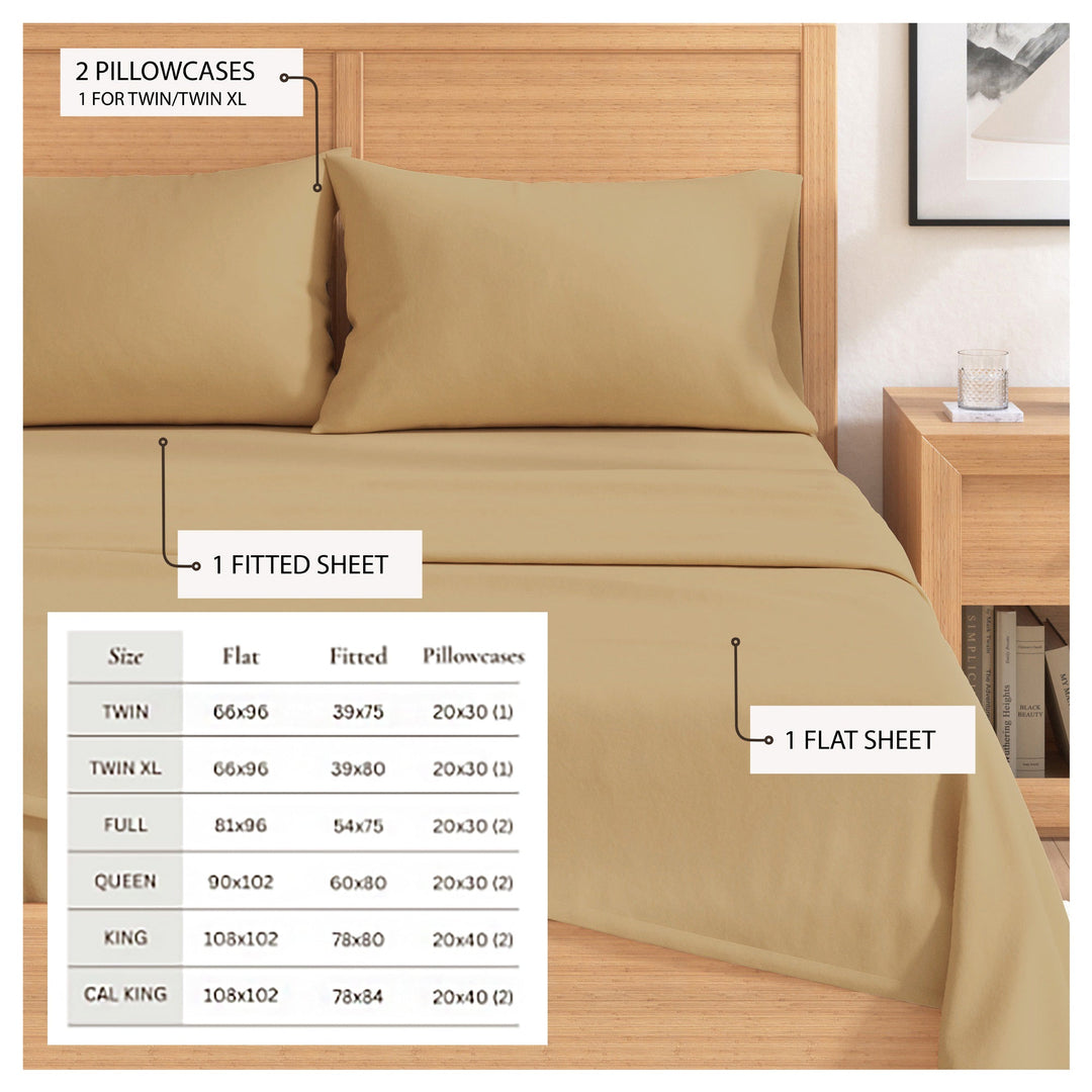 Camel cotton flannel sheet set with fitted sheet and flat sheet layout diagram
