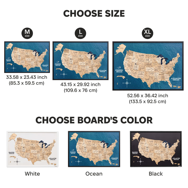 USA map wall art options showing sizes and white, ocean, and black board colors