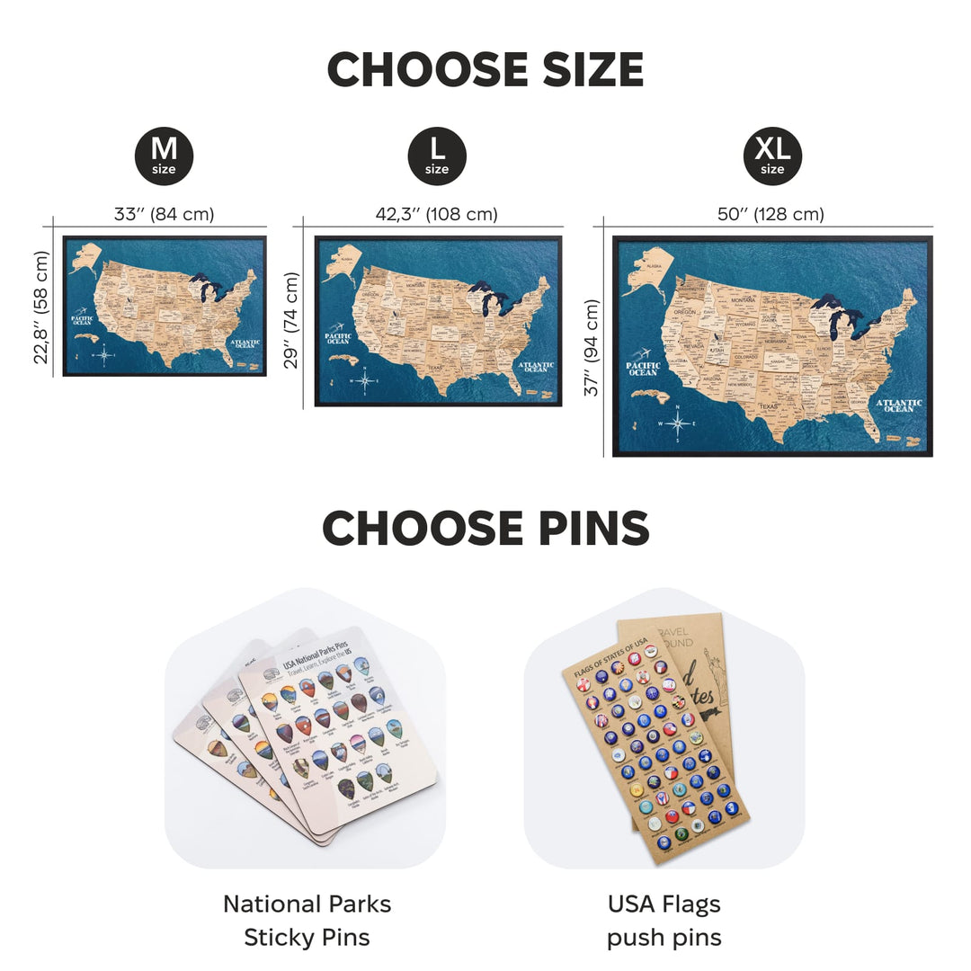 USA map board size and pin options with blue ocean map previews on cards