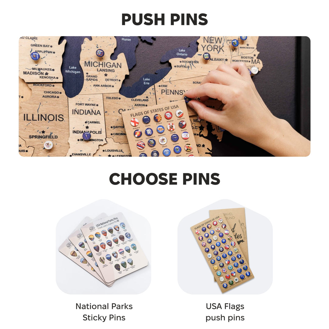 3D wooden USA map with push pins displayed across states for pinning