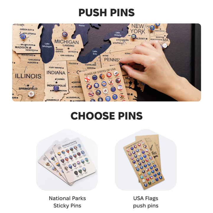 3D wooden USA map with push pins displayed across states for pinning