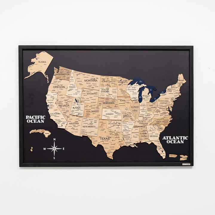 Full 3D wooden USA wall map with compass rose and ocean labels on black board