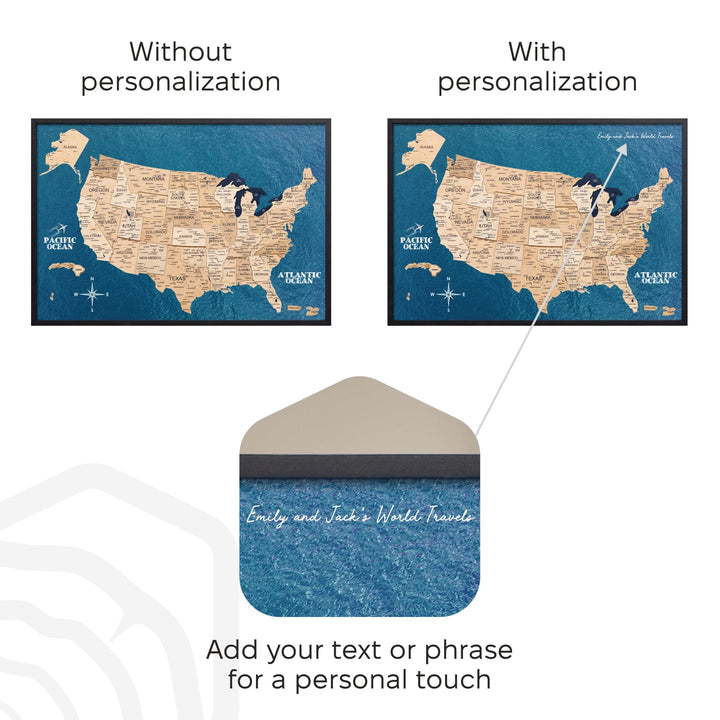 Personalized 3D wooden USA map board with white callout text and blue ocean background