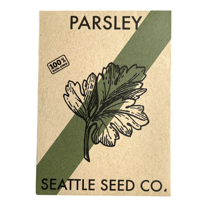Parsley seed packet with dark green flat-leaf variety