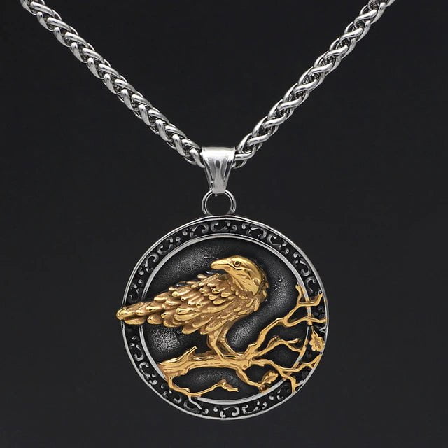 Stainless steel raven pendant necklace with circular Odin’s Raven charm and link chain