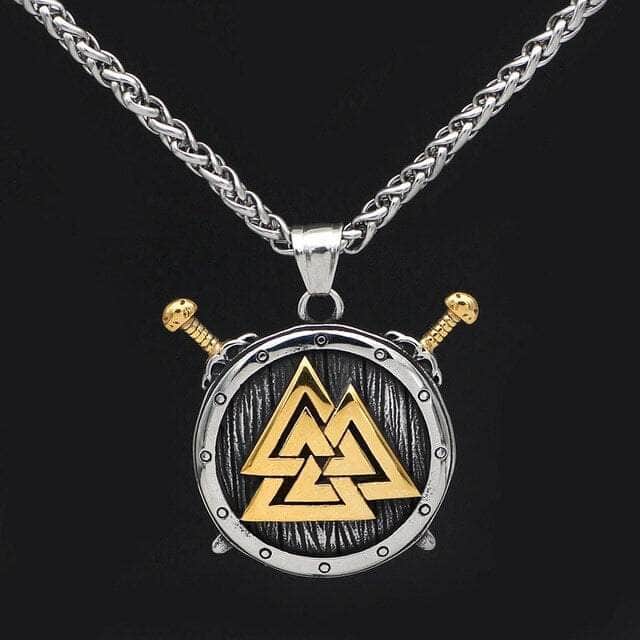 Stainless steel Viking necklace, round pendant with gold valknut symbol and sword hilt detail