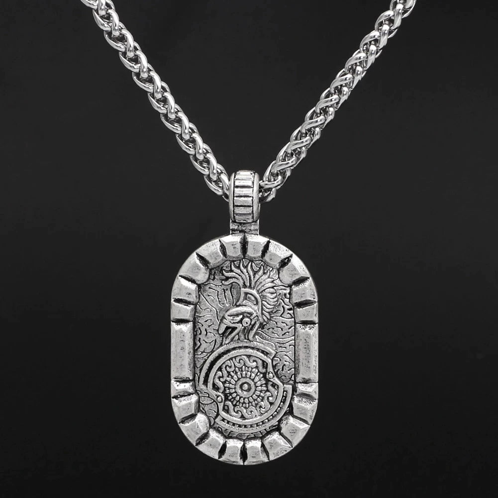 Stainless steel pendant necklace with oval lion and shield emblem on a chain