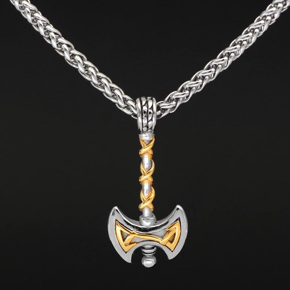 Stainless steel axe-shaped pendant necklace with gold accent and curb chain