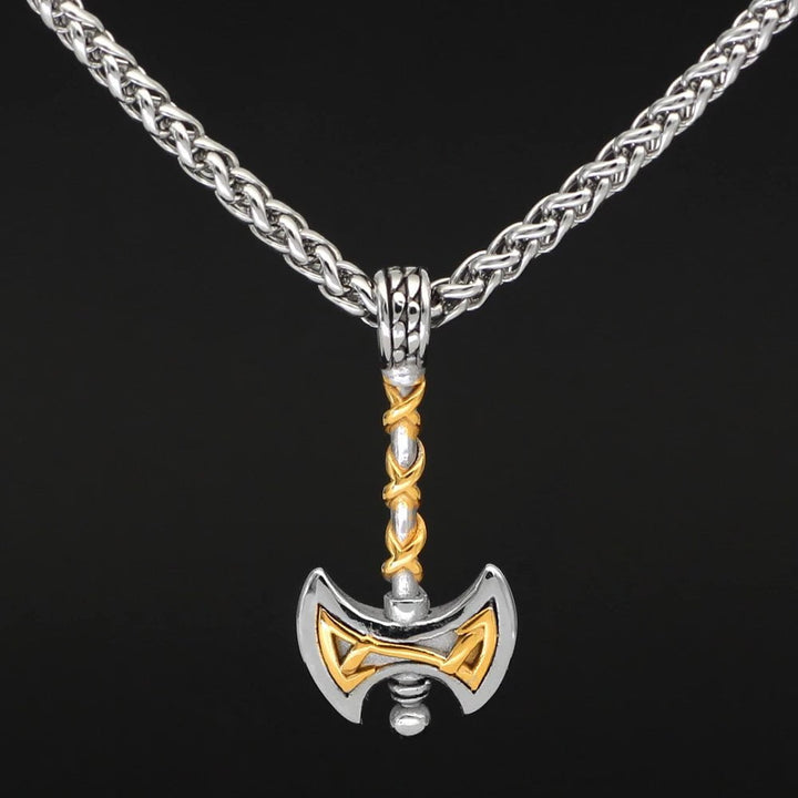 Stainless steel axe-shaped pendant necklace with gold accent and curb chain