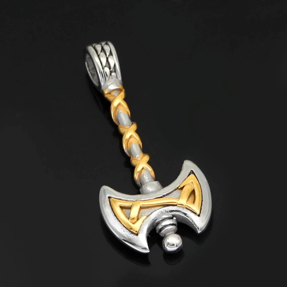 Stainless steel axe pendant necklace with gold accents, angled close-up