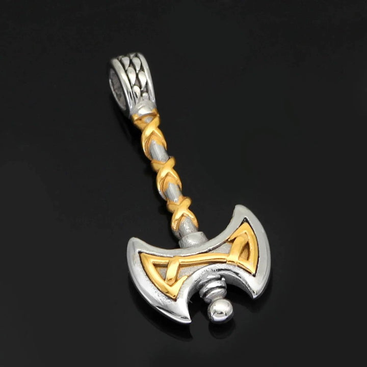Stainless steel axe pendant necklace with gold accents, angled close-up