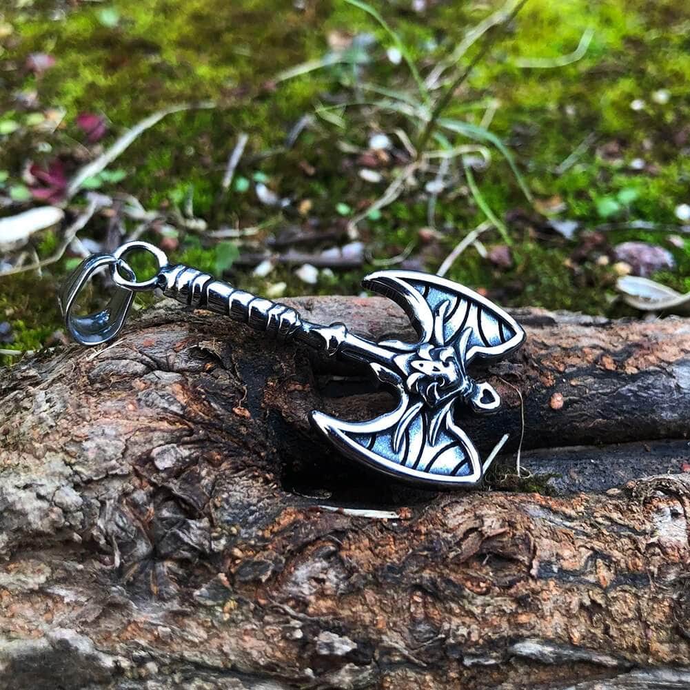 Stainless steel axe skull pendant charm with detailed engravings