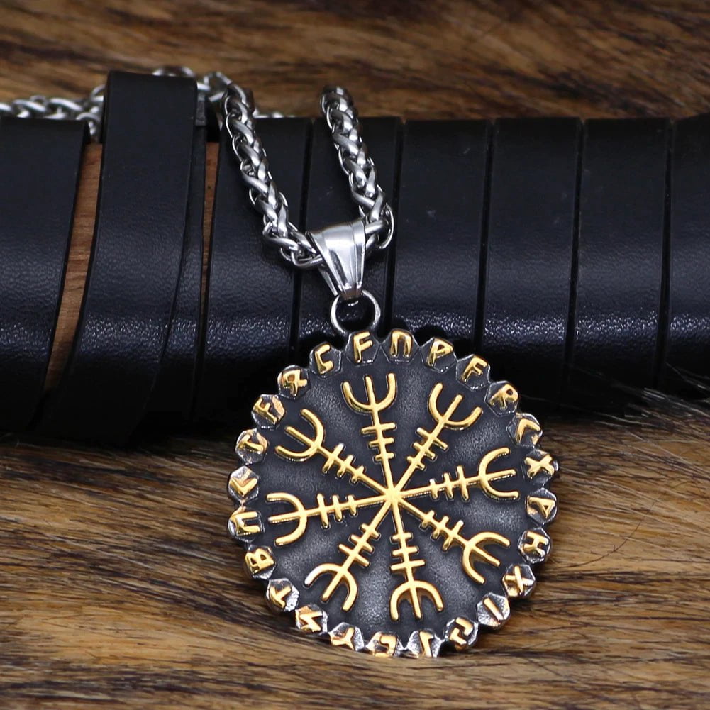 Compass rune pendant necklace with gold-tone Norse symbols on black round disk, silver chain