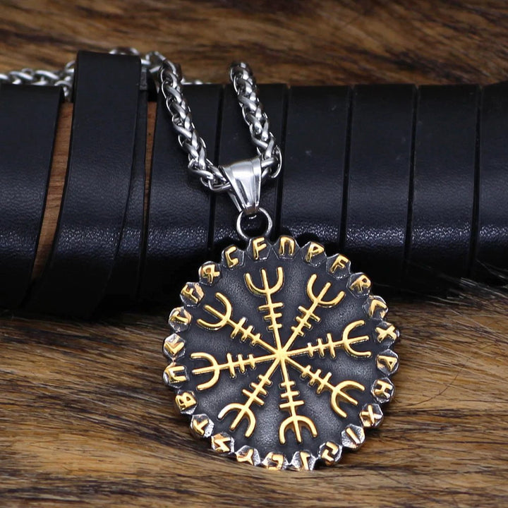 Compass rune pendant necklace with gold-tone Norse symbols on black round disk, silver chain