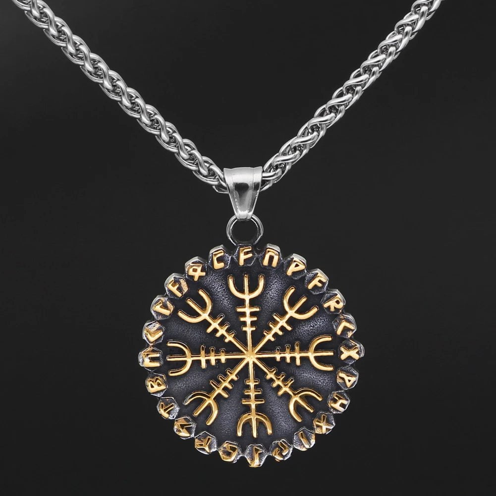 Norse compass rune pendant on silver chain, gold-tone runes on black round medallion
