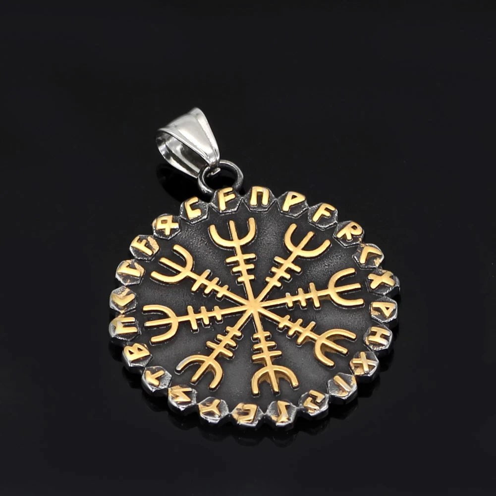 Round Norse compass rune pendant with gold-tone design and silver bail