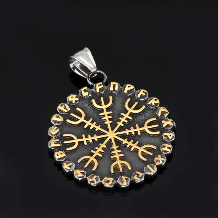 Round Norse compass rune pendant with gold-tone design and silver bail