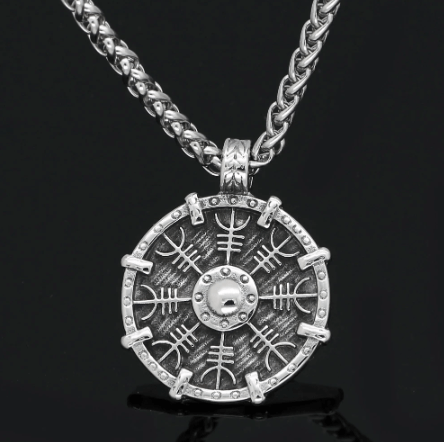 Stainless steel pendant necklace with round Helm of Awe symbol and chain