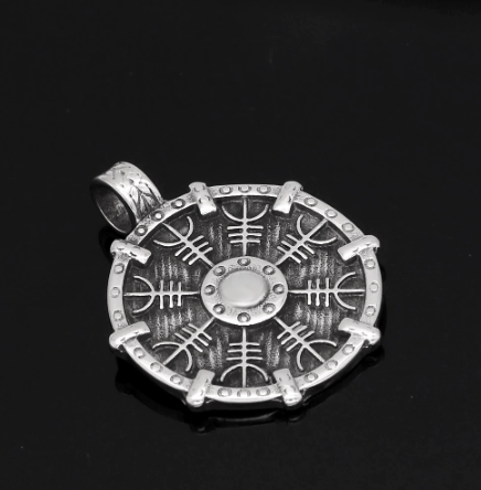 Round stainless steel pendant with engraved Helm of Awe runes and circular border