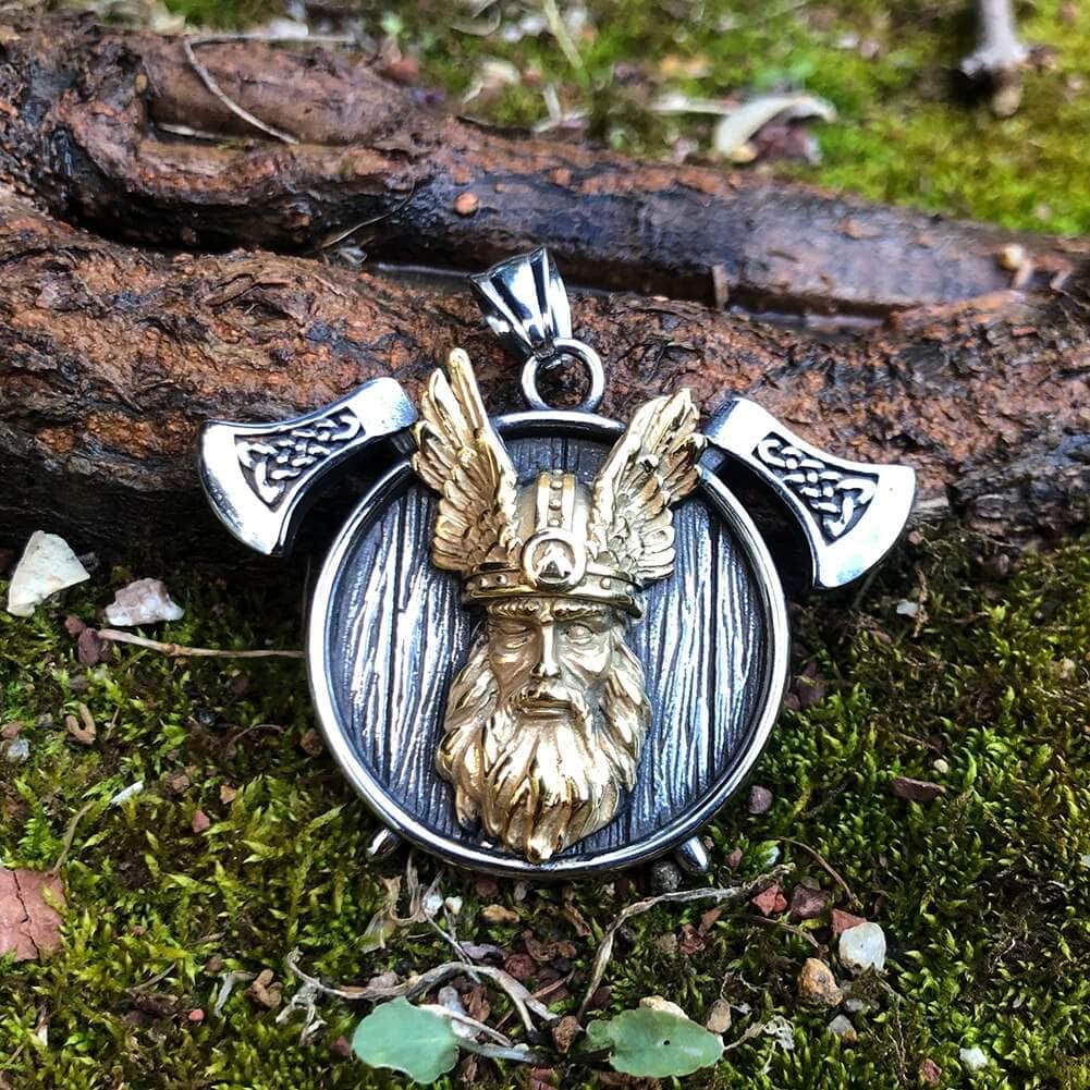 Stainless steel Viking pendant necklace with detailed Odin face and axe detail, ring chain