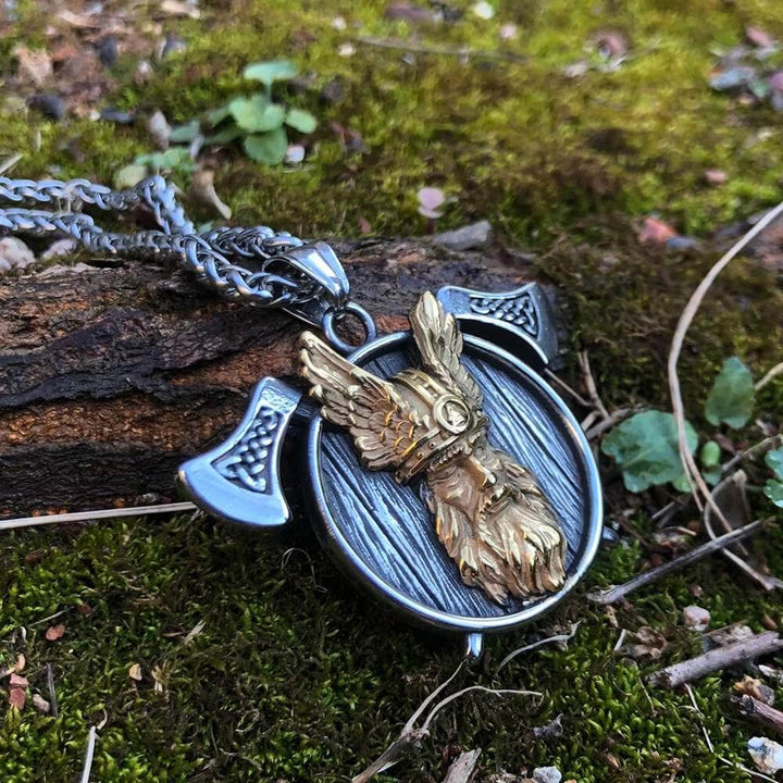Stainless steel Viking pendant necklace with Odin and axe motif, dark chain
