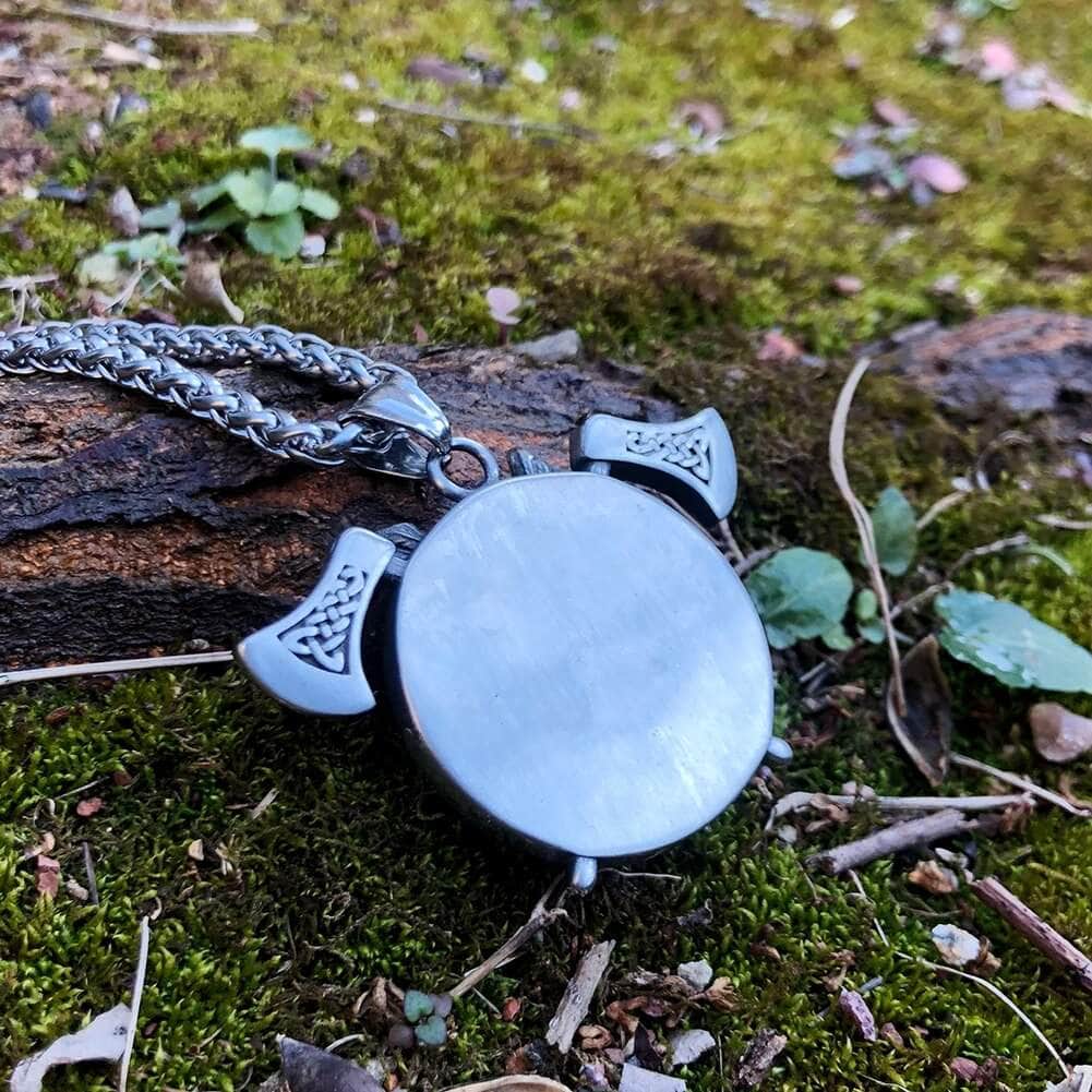 Stainless steel round Viking pendant necklace with engraved axe ends, dark chain