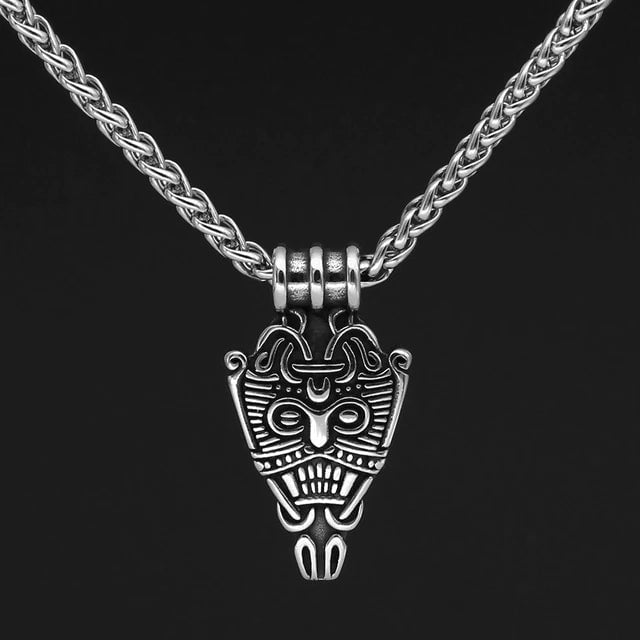 Stainless steel Odin face pendant necklace with twisted silver chain