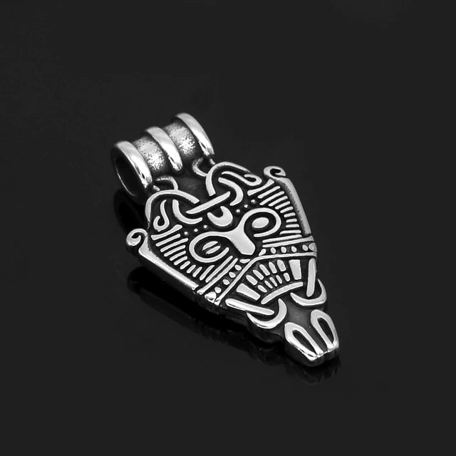 Stainless steel Odin face pendant with engraved texture detailing