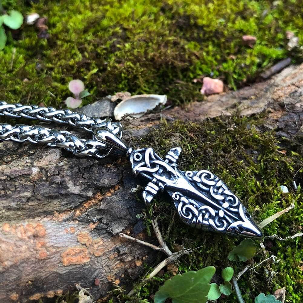 Silver-tone Viking spear pendant necklace with ornate filigree arrowhead on chain