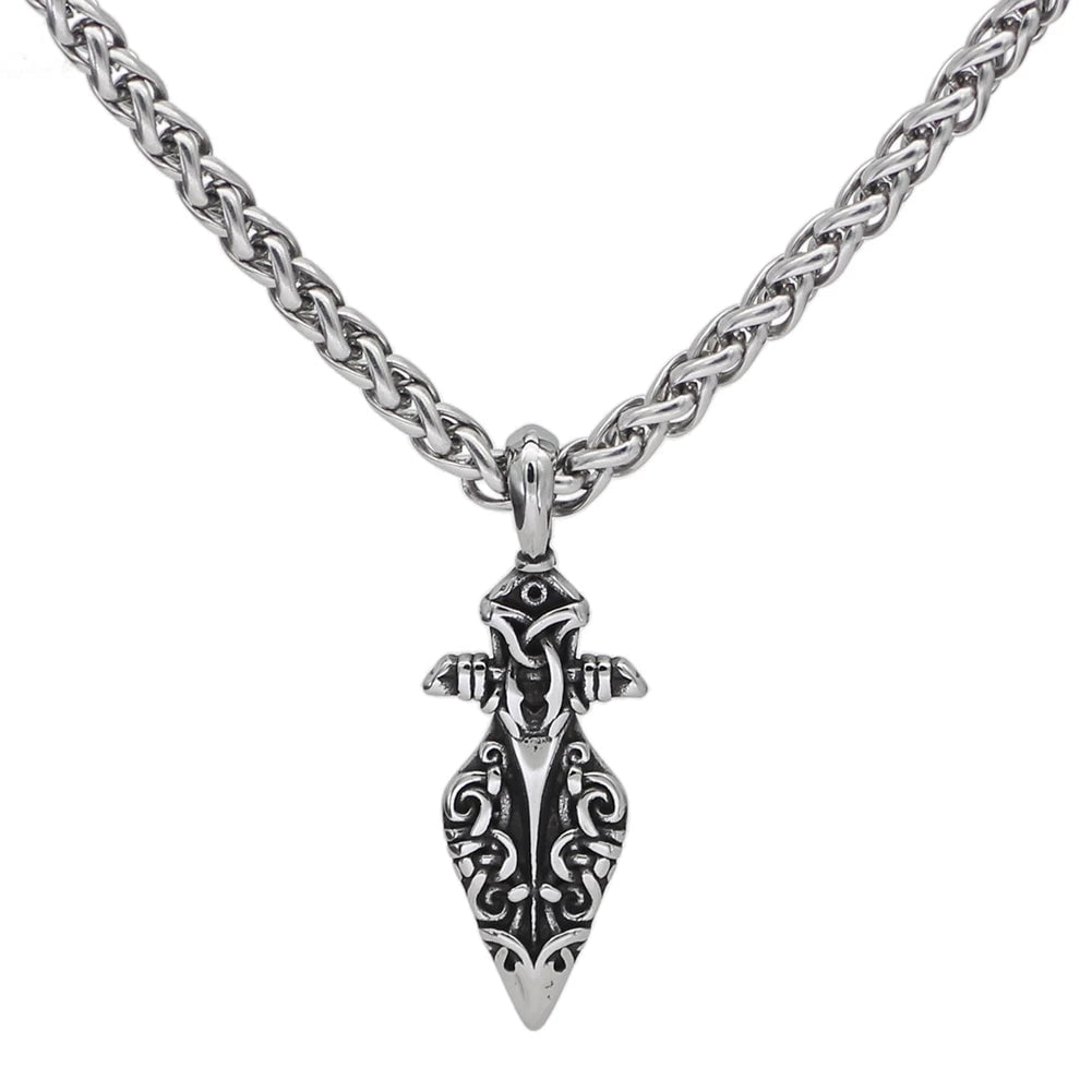 Stainless steel Viking spear pendant necklace with braided chain and pointed charm