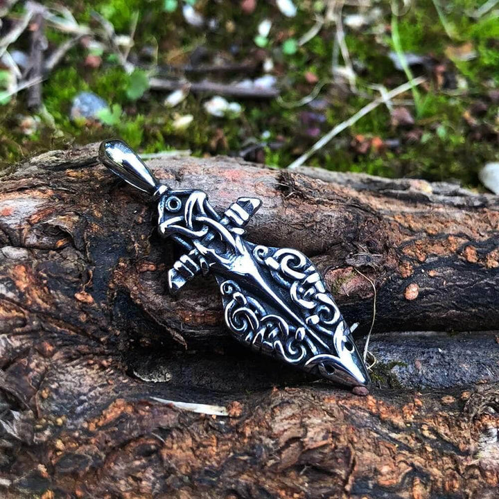 Silver-tone Viking spear pendant charm with knotwork details on braided chain
