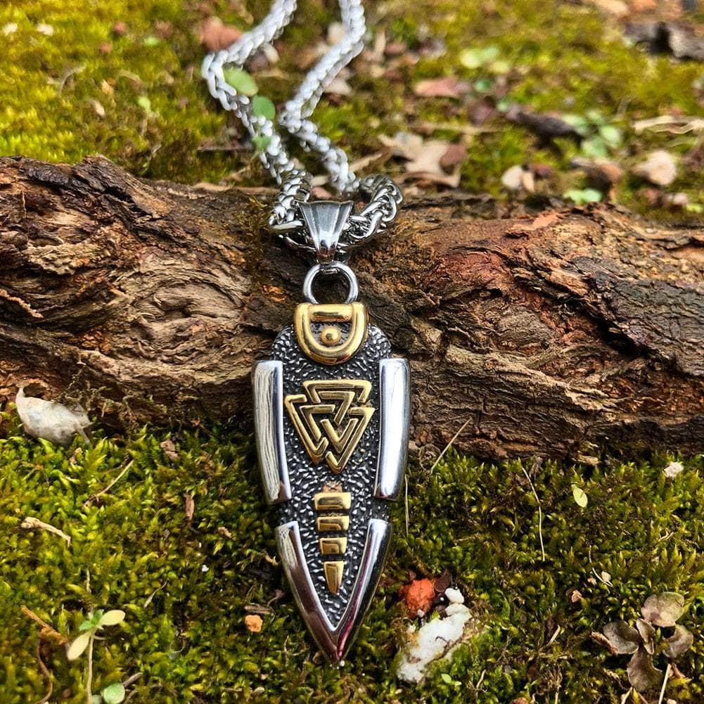Stainless steel Odin’s Gungir Valknut pendant necklace with silver and gold accents