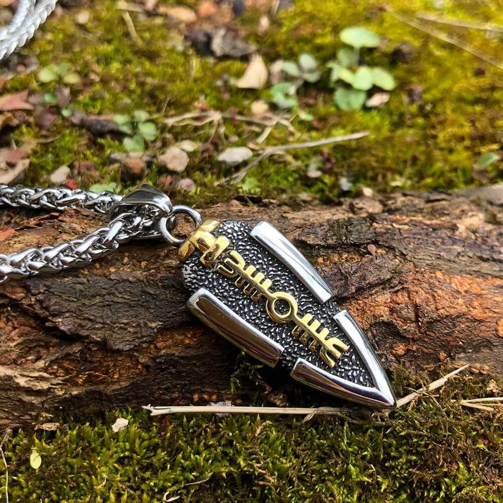 Stainless steel rune pendant necklace with engraved Valknut design and gold inlays