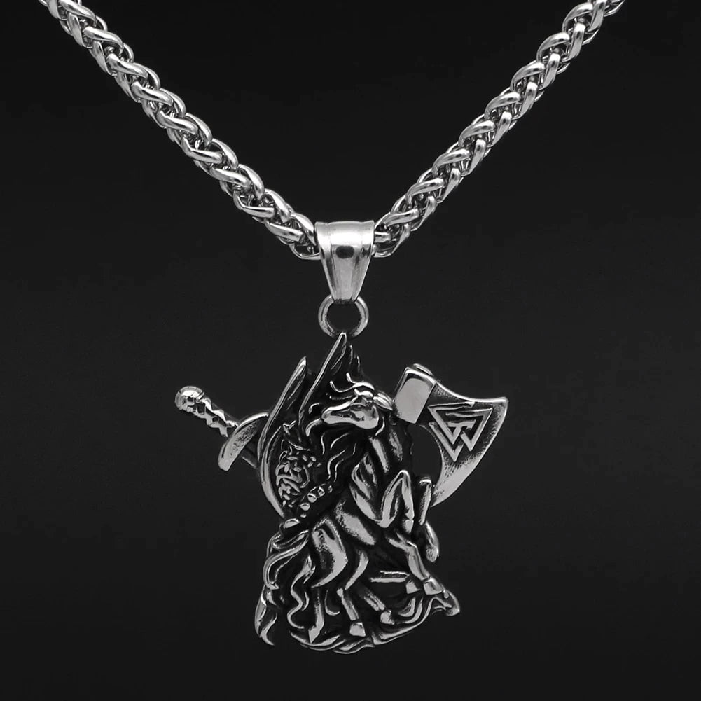 Stainless steel Viking axe and Sleipnir horse pendant with link chain necklace