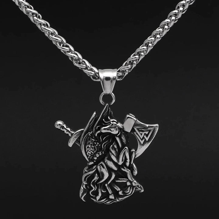 Stainless steel Viking axe and Sleipnir horse pendant with link chain necklace