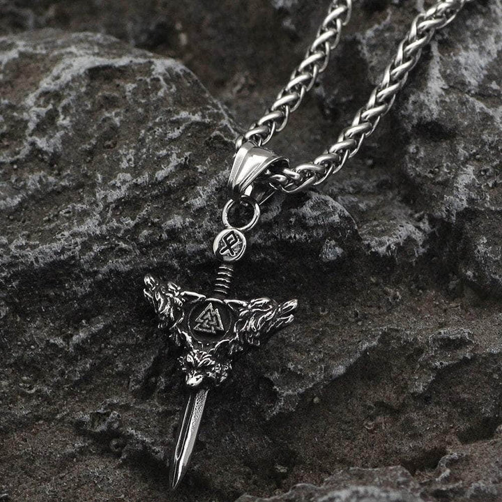 Stainless steel Viking sword pendant necklace with round symbol link and winged Valknut pendant