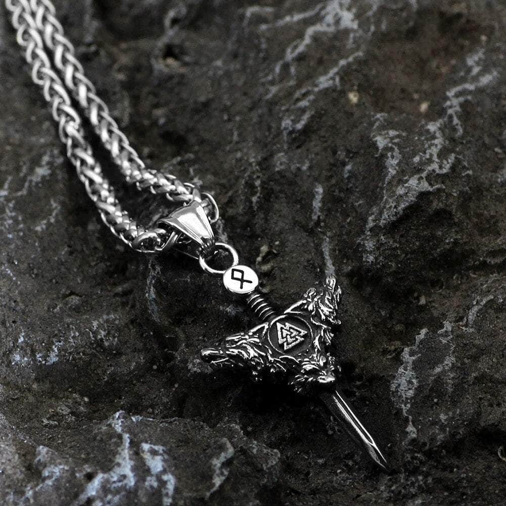 Stainless steel Viking sword pendant necklace with round rune disc and detailed winged charm