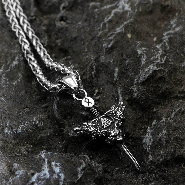 Stainless steel Viking sword pendant necklace with round rune disc and detailed winged charm